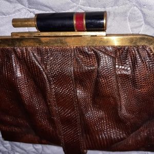 Vintage Lizard Brass Red and Black Clasp Clutch **Damaged**